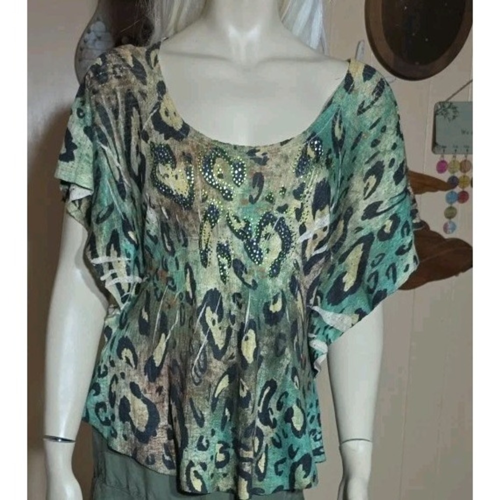 Daytrip Y2K Animal Print Rhinestones Shirt Womens Size M Green Fairy Whinsigoth